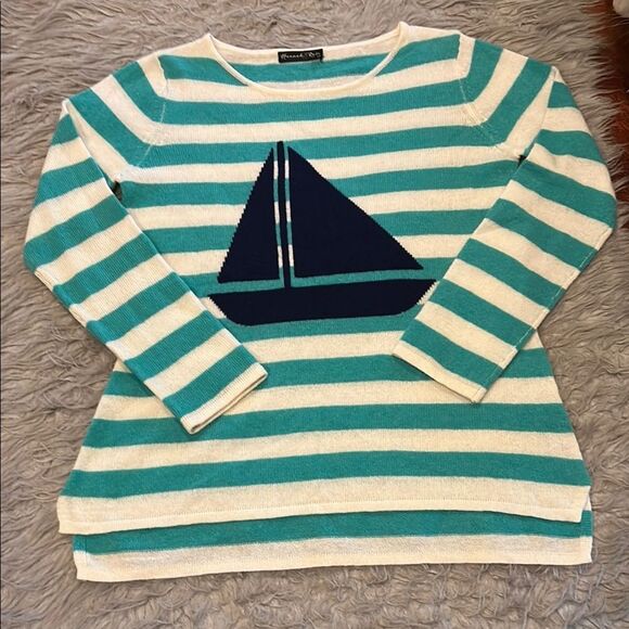 Hannah Rose Blue and Teal Stripped Crew Neck Sweater with Sailboat - Picture 1 of 6